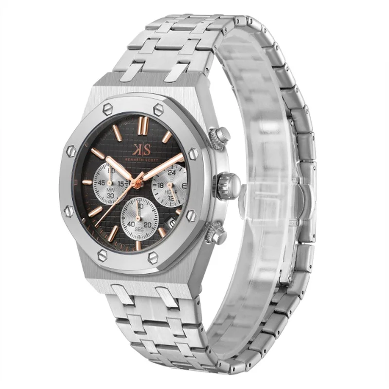 كينيث سكوت Kenneth Scott K24112-SBSB Men's Multi Function Display Watch & Stainless steel Strap Silver