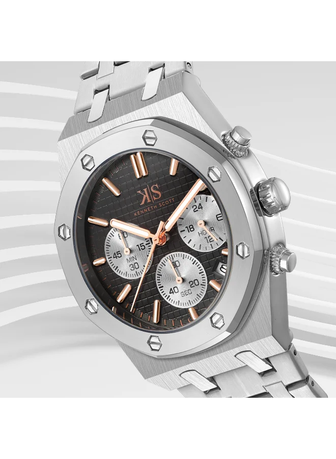كينيث سكوت Kenneth Scott K24112-SBSB Men's Multi Function Display Watch & Stainless steel Strap Silver