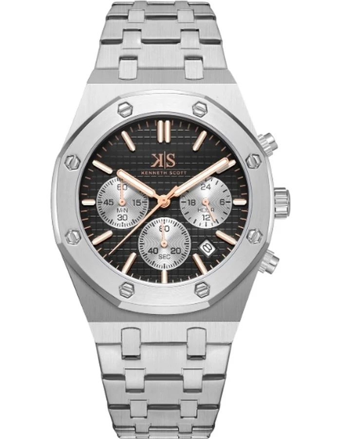 كينيث سكوت Kenneth Scott K24112-SBSB Men's Multi Function Display Watch & Stainless steel Strap Silver