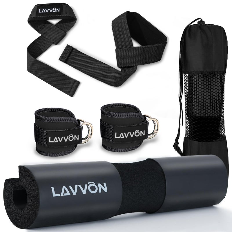 LAVVON Squat Pad Set - Foam Barbell Pad for Squats Cushion, Lunges & Bar Padding for Hip Thrusts -Standard Olympic Weight Bar Pad,Gym Accessories for Women(Ankle Straps,Wrist Straps for Weightlifting)(Black) - Image 1
