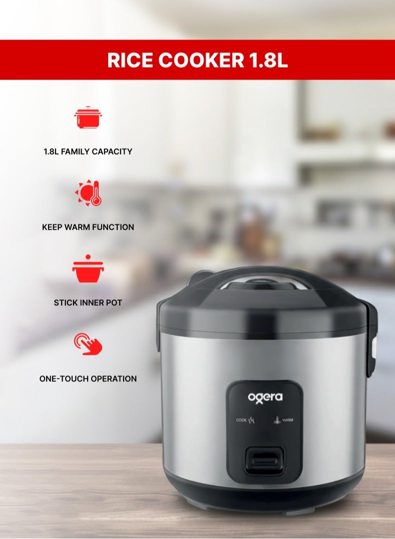 أوجيرا قدر أرز كهربائي من أوجيرا OG9503RC بسعة 1.8 لتر | طهي سريع 700 واط | تصميم متين مع إناء داخلي غير لاصق وقابل للإزالة ووعاء بخار بلاستيكي | وظائف الطهي والإبقاء على السخونة | مقبض بارد الملمس | مثالي للأرز والخضروات والشوربات والصلصات | ضمان سنتين - Image 1