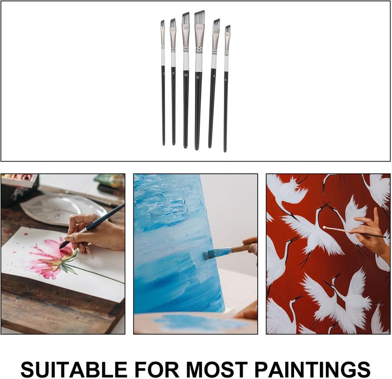 PRETYZOOM 6pcs Nylon Paint Brush Set with Wooden Handles, Angled Tip Oil and Acrylic Brushes for Students and Artists, Multi-use Watercolor and Oil Painting Supplies for Art Projects - Image 2
