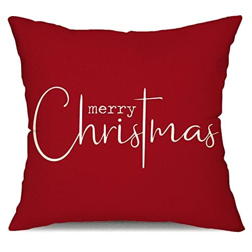 Allorry Christmas Pillow Covers Merry Christmas Throw Pillow Decorative Christmas Red Cotton Cloth Linen Cloth Pillow Cover Sofa Cover Decorative Rectangle Length 16X16 inches - Image 1