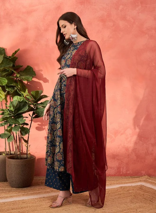 SASSAFRAS SASSAFRAS Navy Floral Sleeveless Kurta with Pencil Pants and Dupatta Set
