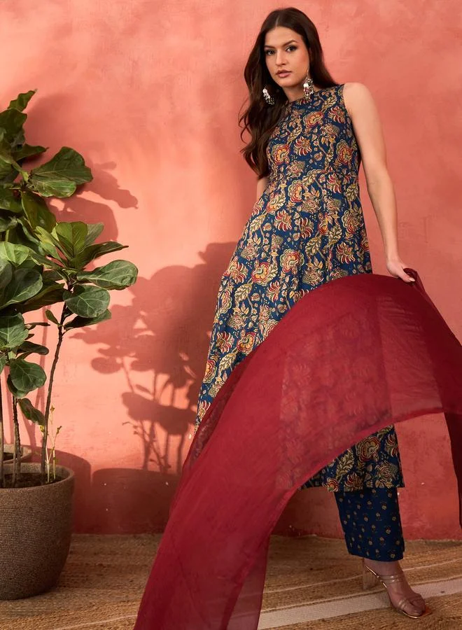 SASSAFRAS SASSAFRAS Navy Floral Sleeveless Kurta with Pencil Pants and Dupatta Set