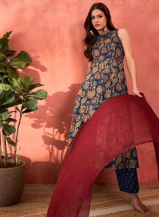 ساسافراس طقم كورتا بدون أكمام بنقشة أزهار ساسافراس البحرية مع بنطلون قلم و شال - Image 3