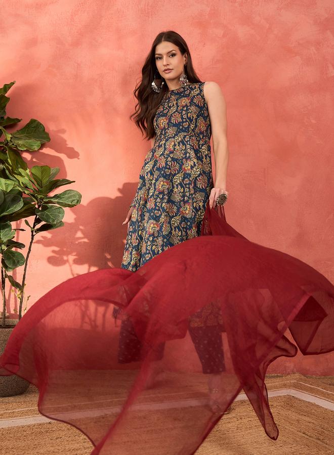 ساسافراس طقم كورتا بدون أكمام بنقشة أزهار ساسافراس البحرية مع بنطلون قلم و شال - Image 2