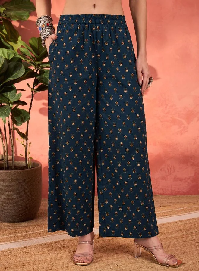 SASSAFRAS SASSAFRAS Navy Floral Sleeveless Kurta with Pencil Pants and Dupatta Set