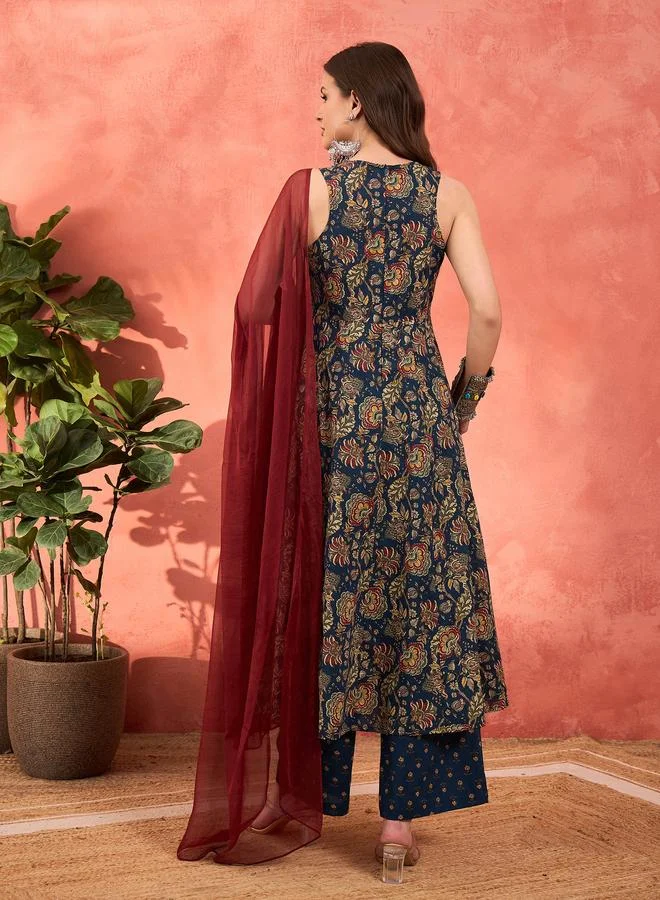 SASSAFRAS SASSAFRAS Navy Floral Sleeveless Kurta with Pencil Pants and Dupatta Set