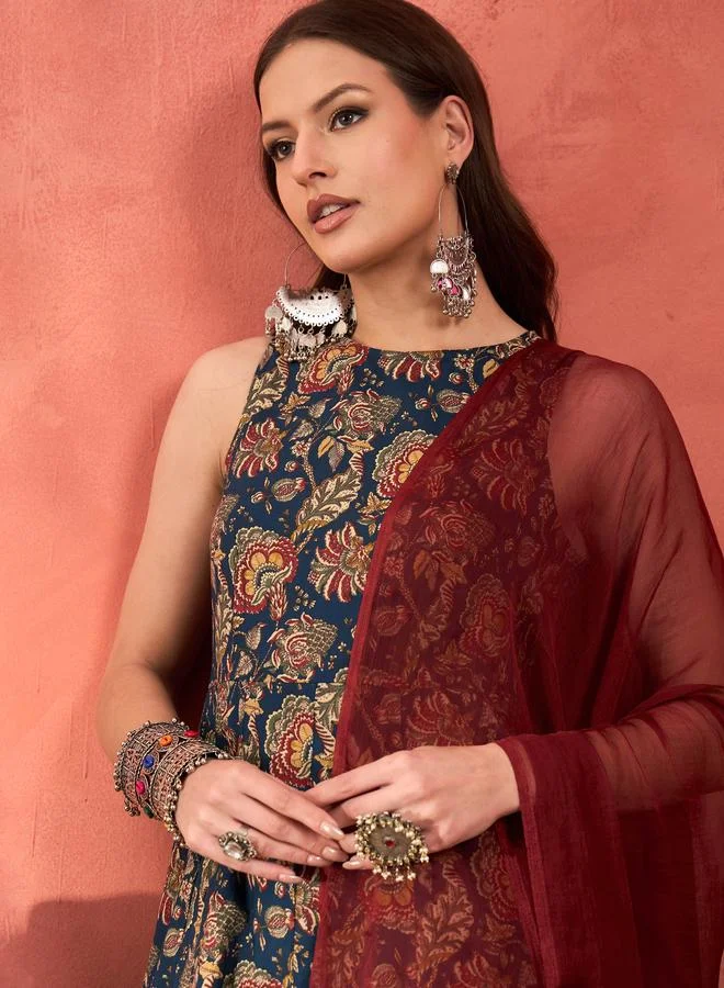 SASSAFRAS SASSAFRAS Navy Floral Sleeveless Kurta with Pencil Pants and Dupatta Set