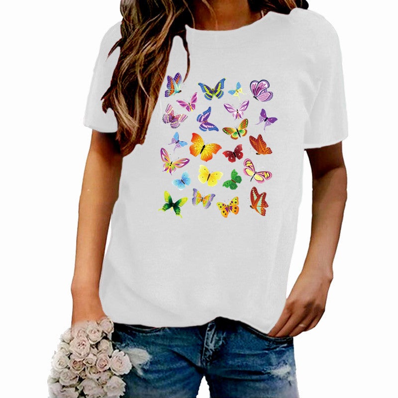 Wish Independent Station Butterfly Fun Pattern Printed Short Sleeve T-Shirt Women - Image 1