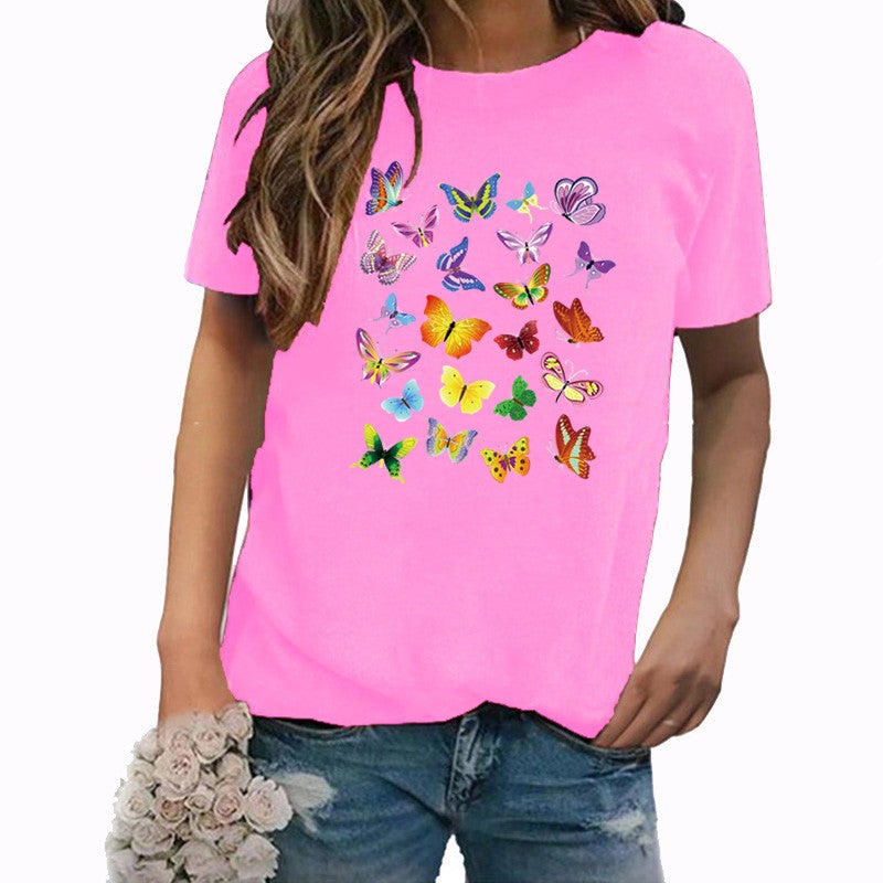 Wish Independent Station Butterfly Fun Pattern Printed Short Sleeve T-Shirt Women - Image 3