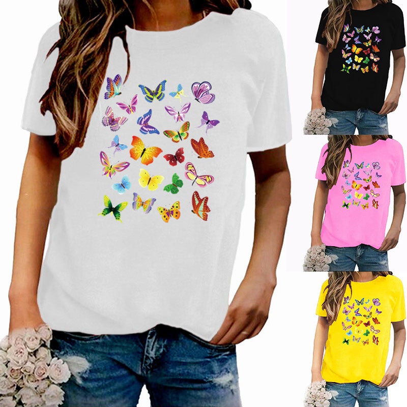 Wish Independent Station Butterfly Fun Pattern Printed Short Sleeve T-Shirt Women - Image 2