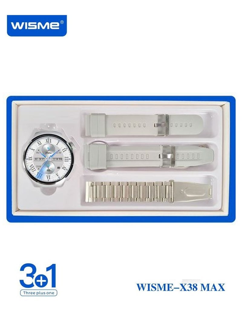 WISME ساعة ذكية متعددة الوظائف WISME X38 MAX مع 3 أحزمة قابلة للتبديل وكابل شحن مصممة للرجال باللون الفضي - Image 2