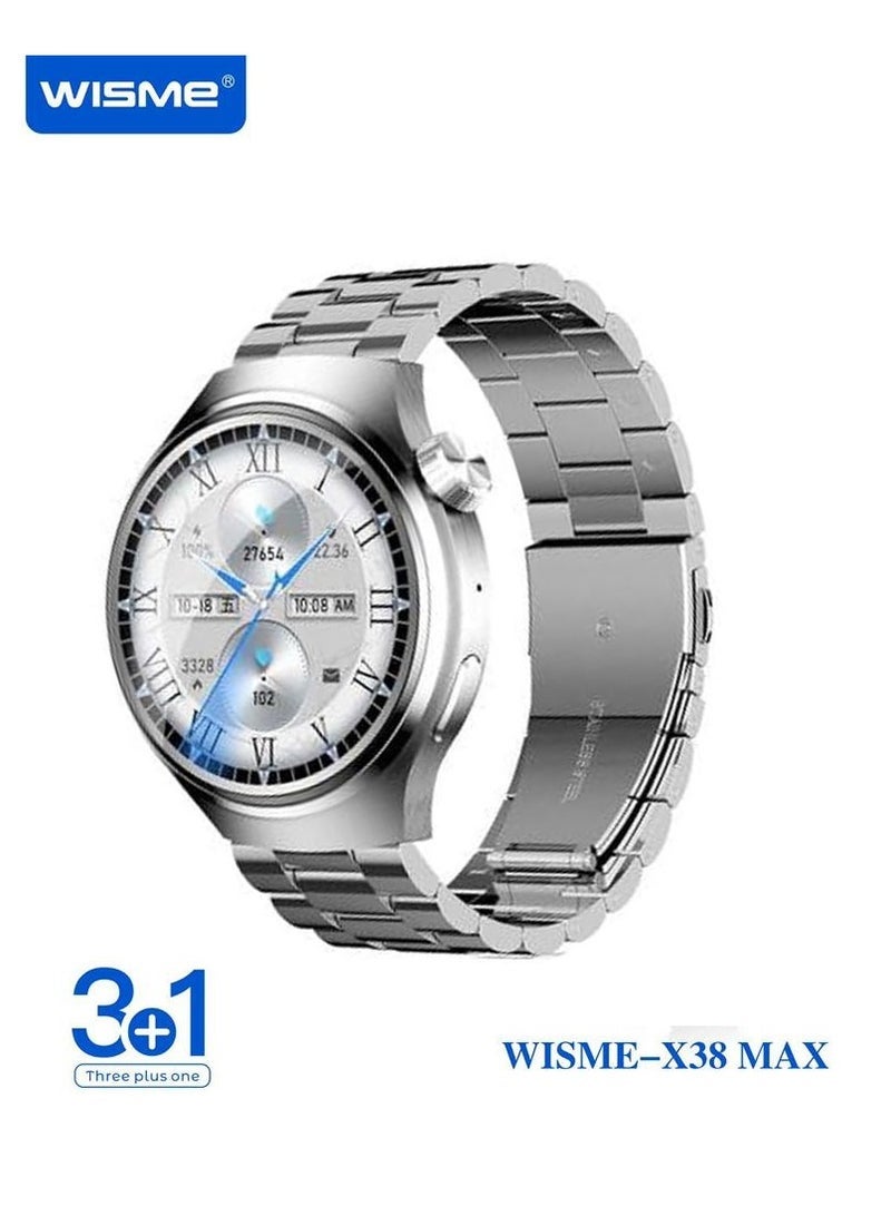 WISME ساعة ذكية متعددة الوظائف WISME X38 MAX مع 3 أحزمة قابلة للتبديل وكابل شحن مصممة للرجال باللون الفضي - Image 1
