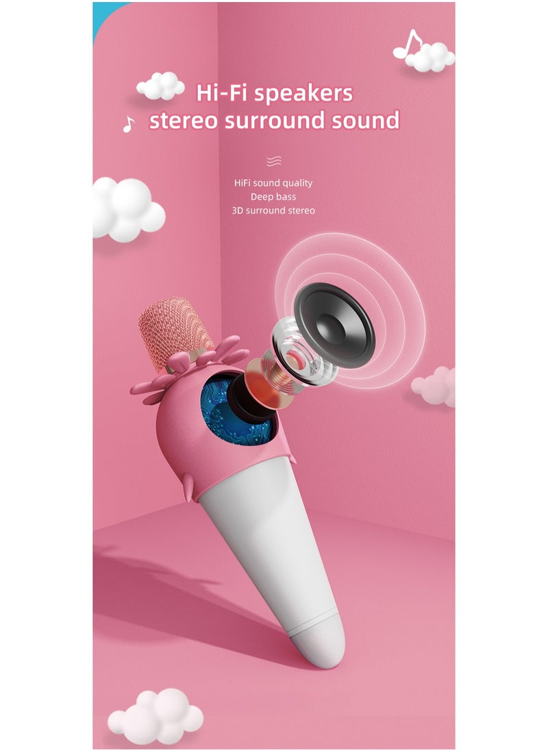 FlashHawk - Multifunction Portable 2-in-1 Bluetooth Karaoke Microphone, 4D Stereo Speaker, with LED Ambient Light, 1800mAh, K5, Pink - Image 1
