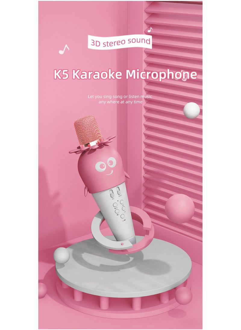 FlashHawk - Multifunction Portable 2-in-1 Bluetooth Karaoke Microphone, 4D Stereo Speaker, with LED Ambient Light, 1800mAh, K5, Pink - Image 1