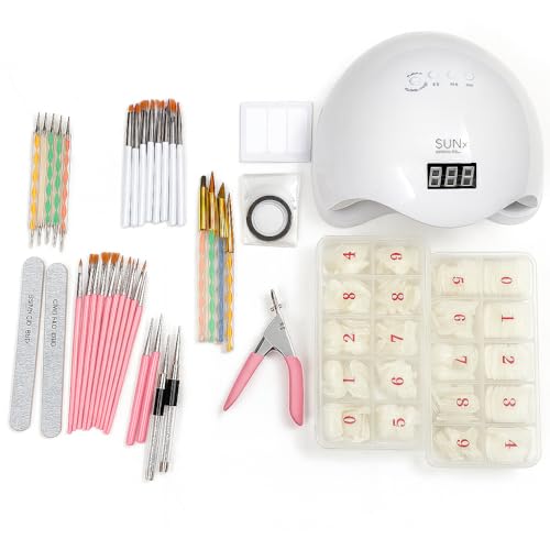 Coslifestore Professional Nail Art Kit Pack of 1076 pieces – French Strips,Metallic Strips, UV Lamp,Tip Cutter, Petal/ Flower Nail Art Brushes, Acrylic- Gel nail art Brushes, Nail Art Brushes, Liner Brushes, Dotting Tools, Buffers, Square Nail tips & Natural Toe Nails tips with Tip box - Image 1