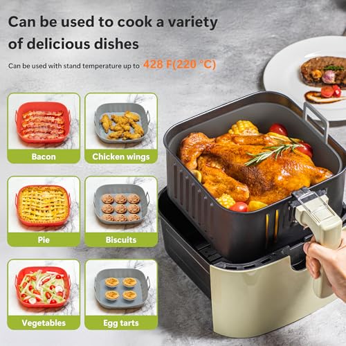 Li & Zhao LiZhao Silicone Air Fryer Liners Reusable 2 PCS Square Air Fryer Inserts Air Fryer Accessories 4 to 7 Qt Silicone Liners Basket for Kitchen Red Gray - Image 3