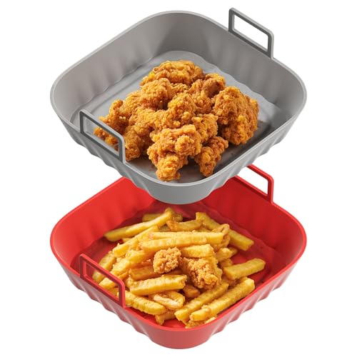 Li & Zhao LiZhao Silicone Air Fryer Liners Reusable 2 PCS Square Air Fryer Inserts Air Fryer Accessories 4 to 7 Qt Silicone Liners Basket for Kitchen Red Gray - Image 1