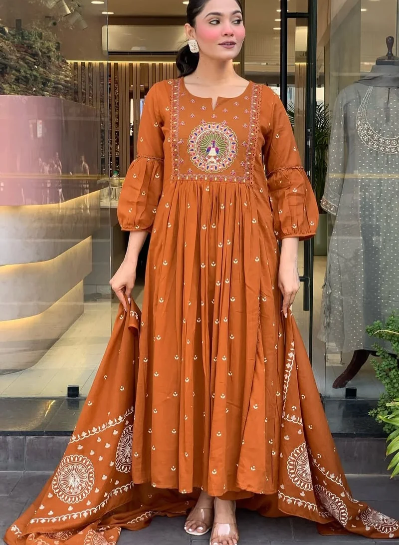 Studio blue Rust Embroidered Flared Three-Piece Set