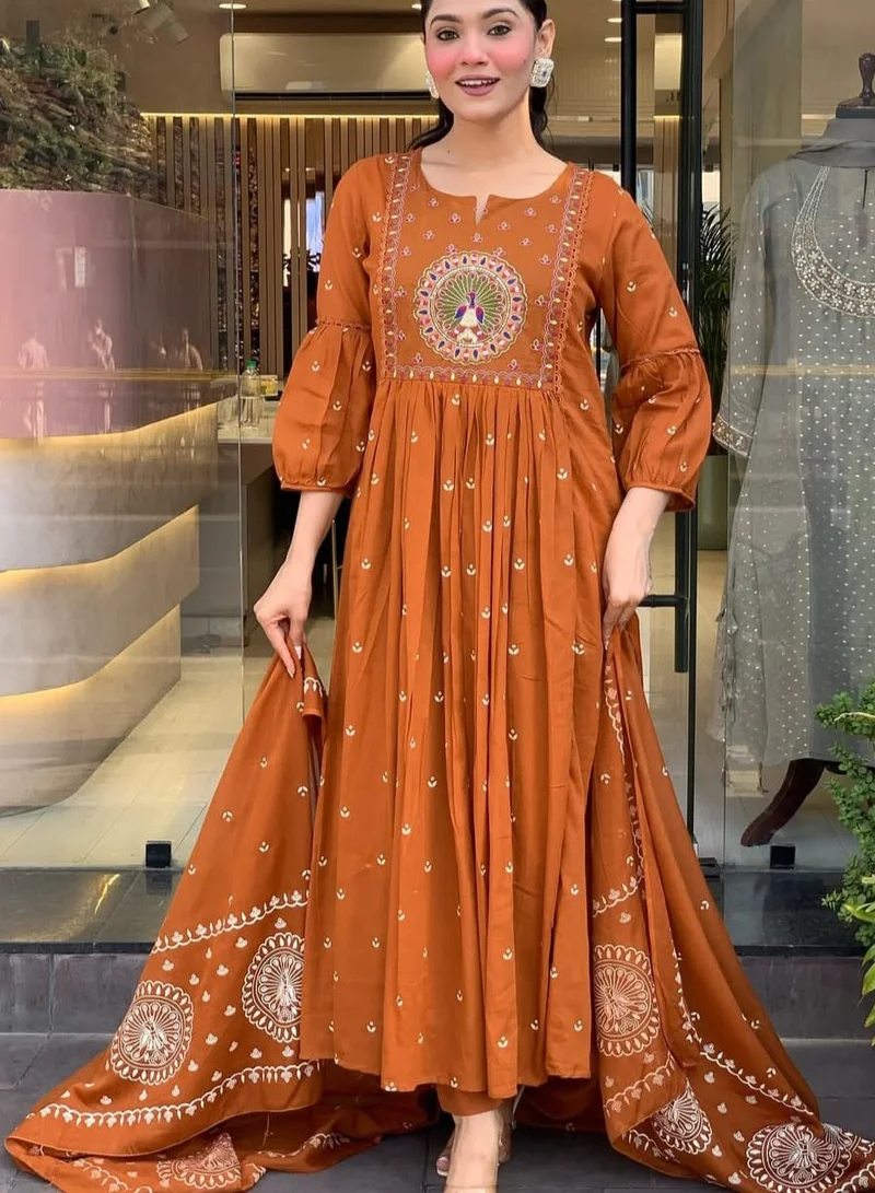 Studio blue Rust Embroidered Flared Three-Piece Set