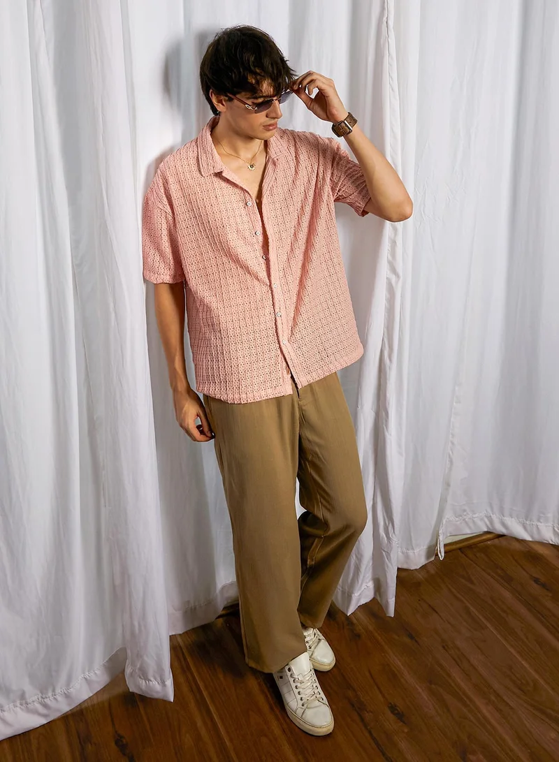 CAHOOT  Men's Blush Pink Hollow Knit Oversized Shirt for Men | Best Price UAE