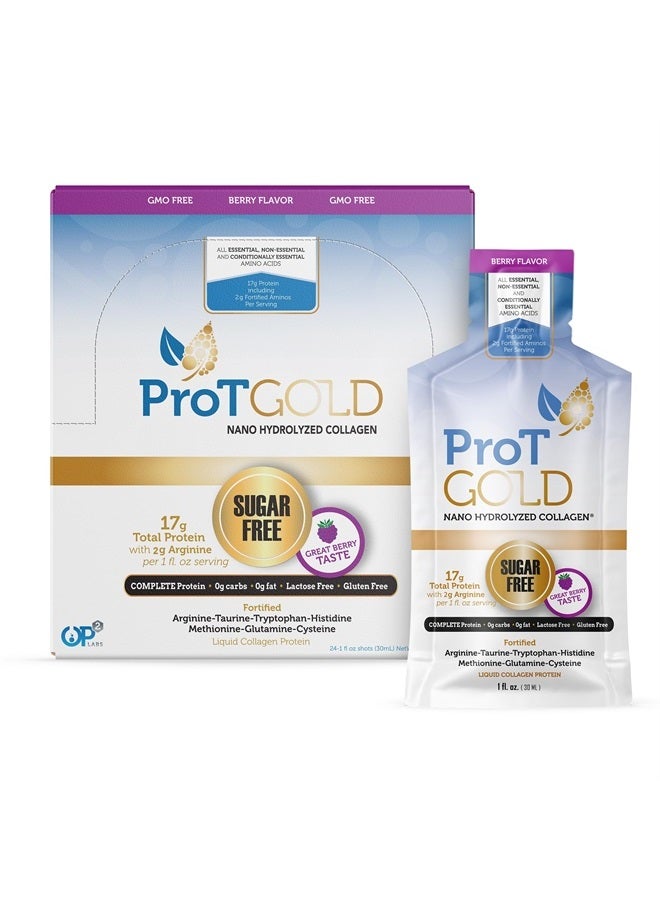 ProT Gold Liquid Collagen Protein Shot, 17g Protein Nano-Hydrolyzed Grass Fed Collagen, 2g Arginine for Wound Support, Gluten Free, Fat and Sugar Free, 0g Carbs, Non GMO, Berry, 1 fl oz, 24 Pack - Image 1