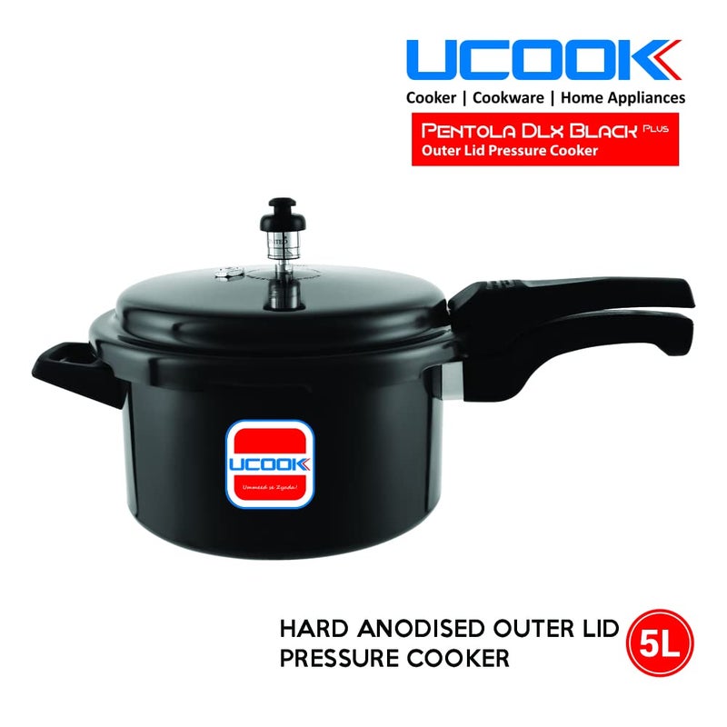 Ucook By United Ekta Group Pentola Dlx Black Plus Hard Anodised Outer Lid Induction Pressure Cooker, 5 Litre, Black - Image 2