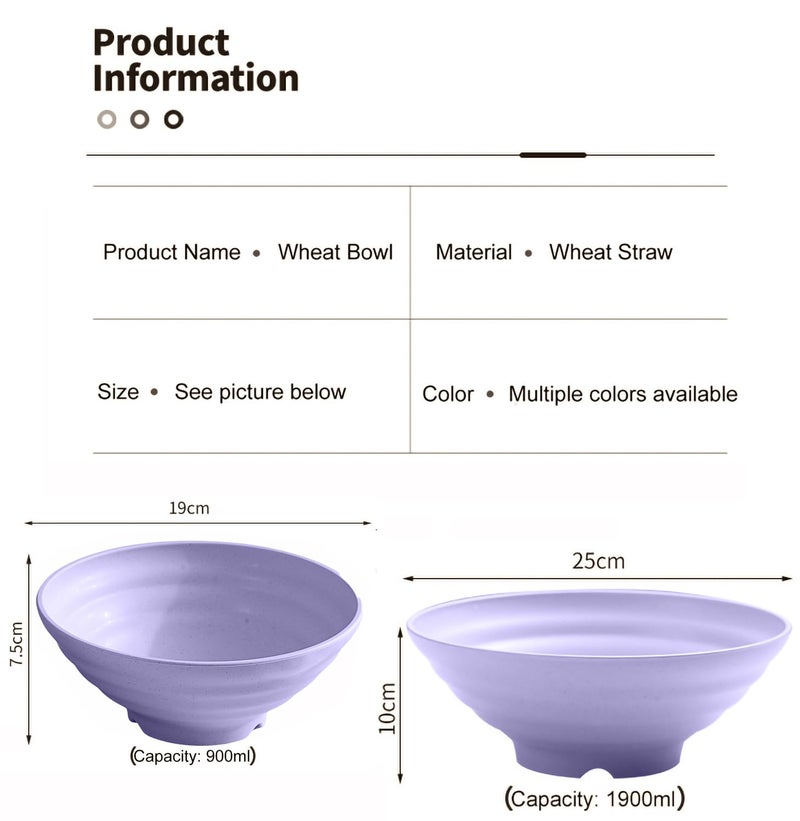 P-PLUS INTERNATIONAL Japanese Large Ramen Bowls, Noodle Bowl Portable Large Salad Pasta Bowls for Home Wheat Straw Bowl for Pasta, Snack, Soup, Salad, Food (900ml+1900ml, Purple, Set of 4) - Image 2