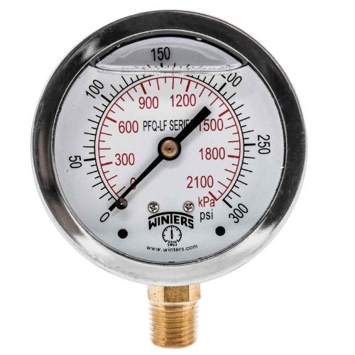 Winters Instruments Winters 2-1/2" Dial Size, Liquid Filled Pressure Gauge, Potable Brass Internals, 304 Stainless Steel Case, Dual Scale 0-300 psi/kPa, 1.5% Acc, 1/4" NPT Bottom Mount, Drinking Water Pressure Gauge - Image 1