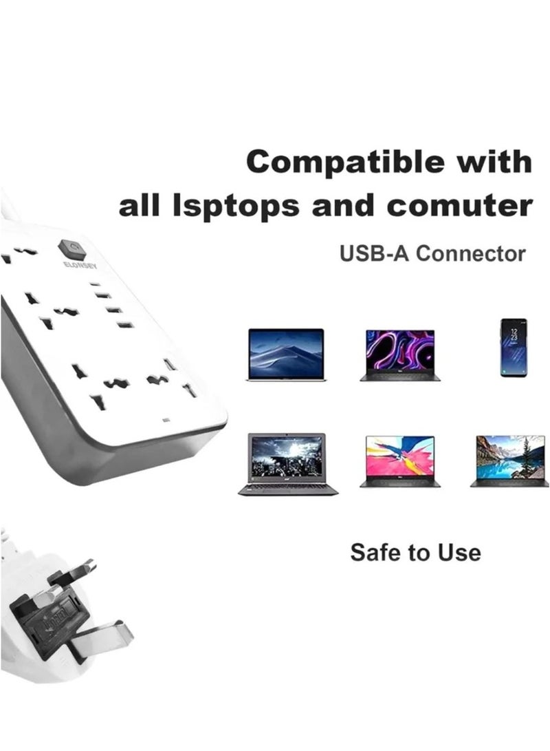 شريط طاقة بسلك تمديد بطول 3 أمتار مزود بـ 4 مقابس عالمية ومنفذي USB - Image 4