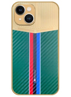 iPhone 13 Luxury Gold Plated Case Hybrid Electroplated Frame Back Cover with Carbon Fiber Texture Green