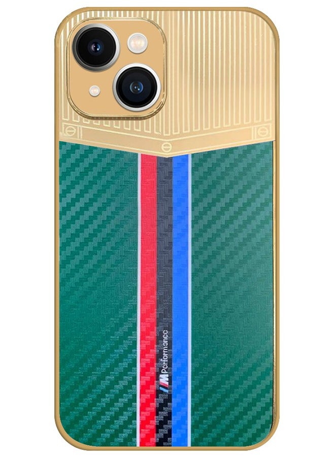JOWAY - iPhone 13 Luxury Gold Plated Case Hybrid Electroplated Frame Back Cover with Carbon Fiber Texture Green - Image 1