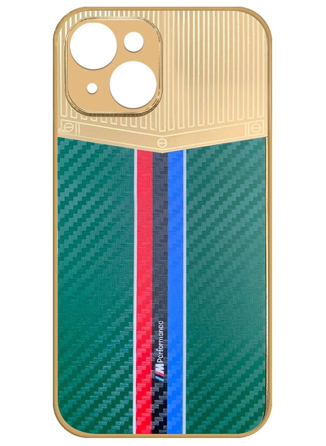 JOWAY - iPhone 13 Luxury Gold Plated Case Hybrid Electroplated Frame Back Cover with Carbon Fiber Texture Green - Image 1