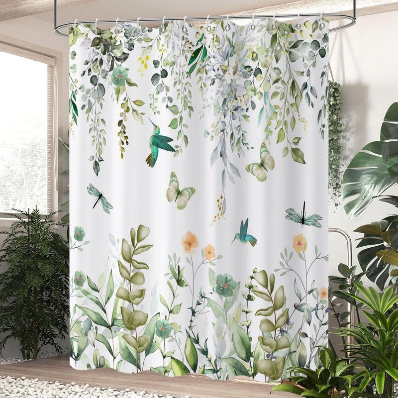 Caheansi Spring Shower Curtain, Colorful Flower Hummingbirds Butterflies Green Watercolor Leaf Botanical Bathroom Curtain Waterproof Fabric Machine Washable with Hooks, 72" Wx72 L - Image 3