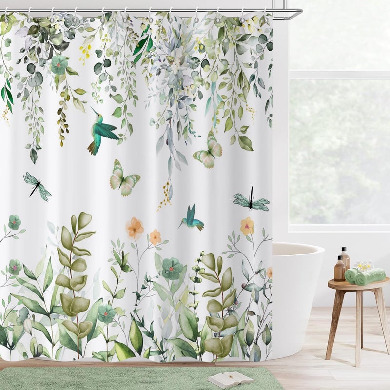 Caheansi Spring Shower Curtain, Colorful Flower Hummingbirds Butterflies Green Watercolor Leaf Botanical Bathroom Curtain Waterproof Fabric Machine Washable with Hooks, 72" Wx72 L - Image 1