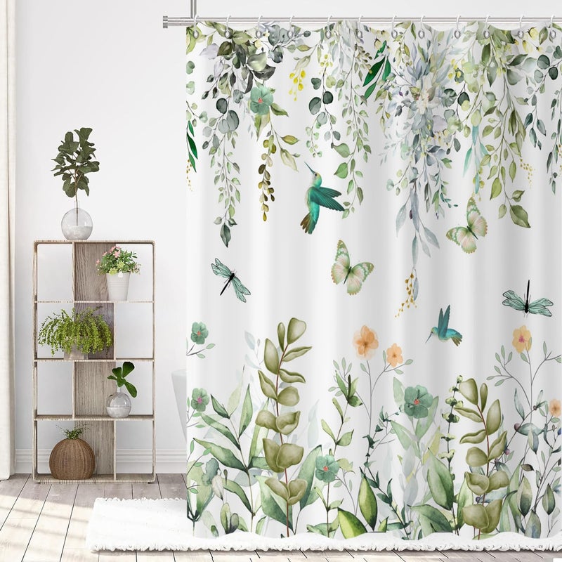 Caheansi Spring Shower Curtain, Colorful Flower Hummingbirds Butterflies Green Watercolor Leaf Botanical Bathroom Curtain Waterproof Fabric Machine Washable with Hooks, 72" Wx72 L - Image 2