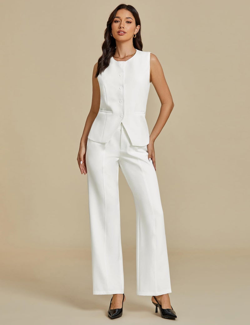 luvamia Pants Sets Women 2 Piece Outfits Vest Pant Suit Womens 2 Piece Set Work Outfits for Women Office White Suit Pantsuit Cream White XX-Large Fits Size 20 / Size 22 - Image 3