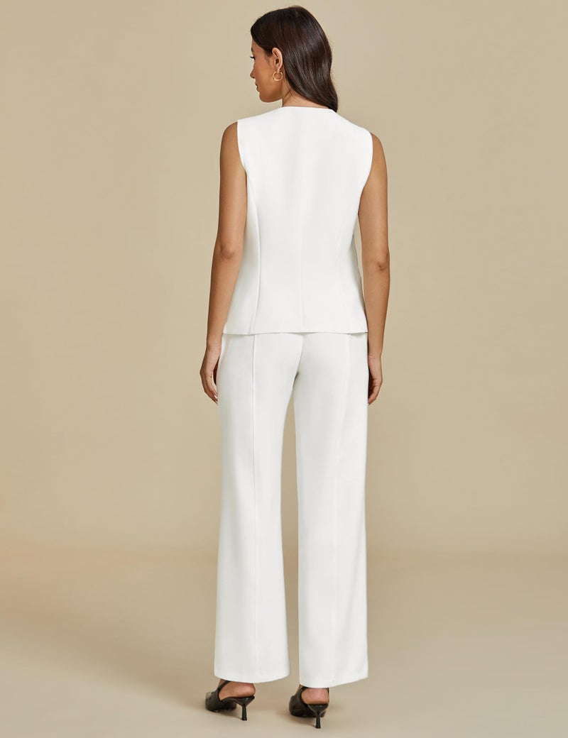 luvamia Pants Sets Women 2 Piece Outfits Vest Pant Suit Womens 2 Piece Set Work Outfits for Women Office White Suit Pantsuit Cream White XX-Large Fits Size 20 / Size 22 - Image 2