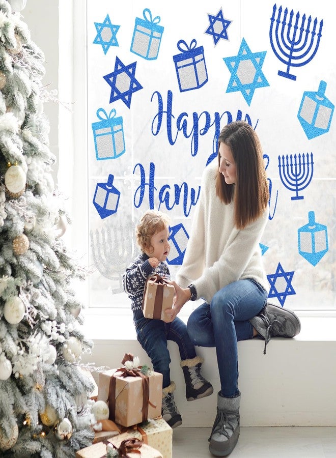 Whaline 6 Sheets Glitter Hanukkah Window Clings Window Decal Chanukah Star Menorah Reusable Anti-Collision Windows Decor for Home Classroom Office Party Supplies - Image 2