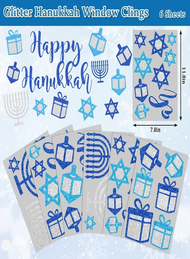 Whaline 6 Sheets Glitter Hanukkah Window Clings Window Decal Chanukah Star Menorah Reusable Anti-Collision Windows Decor for Home Classroom Office Party Supplies - Image 5