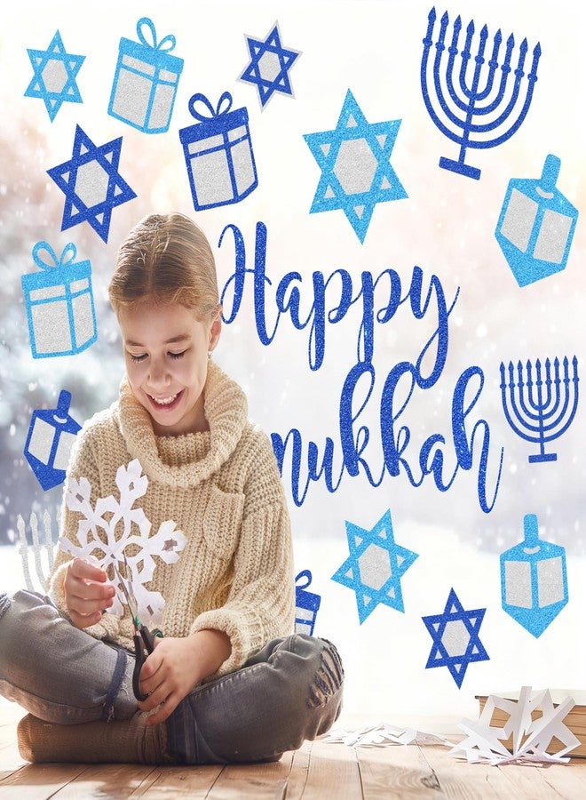 Whaline 6 Sheets Glitter Hanukkah Window Clings Window Decal Chanukah Star Menorah Reusable Anti-Collision Windows Decor for Home Classroom Office Party Supplies - Image 4