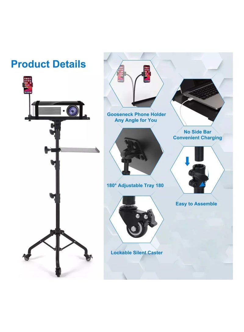حامل بروجيكتور تلاتي بعجلات، حامل لاب توب تلاتي متحرك، حامل بروجيكتور قابل لتعديل الطول من ٢٣.٦ لـ ٥١ بوصة، حامل بروجيكتور تلاتي للمكتب والمنزل، حامل لاب توب أرضي محمول، اسود - Image 3