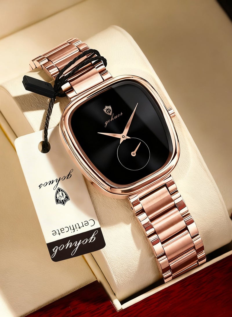GOHUOS Women's Quartz Watch, Top Brand Luxury Fashion Ladies Stainless Steel Band Waterproof Analog Wrist Watch - 34mm - Rose Golden/Black - Mother or Girlfriend Gift & Eid Ramadan Gifts - Image 1