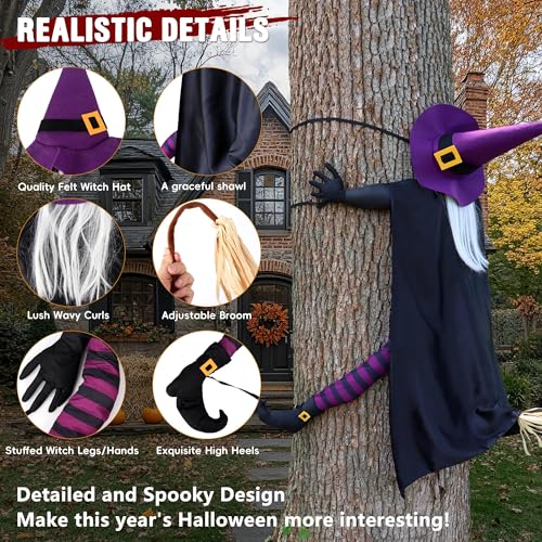 Giiffu 57'' Crashing Witch into Tree Halloween Decorations Outdoor for Yard, Porch, Door, Haunted House Prop - Flying Witch Halloween Tree Decorations - Image 3