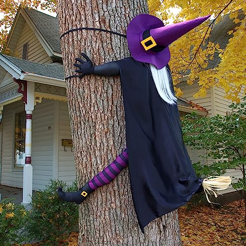 Giiffu 57'' Crashing Witch into Tree Halloween Decorations Outdoor for Yard, Porch, Door, Haunted House Prop - Flying Witch Halloween Tree Decorations - Image 1