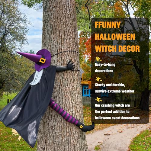 Giiffu 57'' Crashing Witch into Tree Halloween Decorations Outdoor for Yard, Porch, Door, Haunted House Prop - Flying Witch Halloween Tree Decorations - Image 4