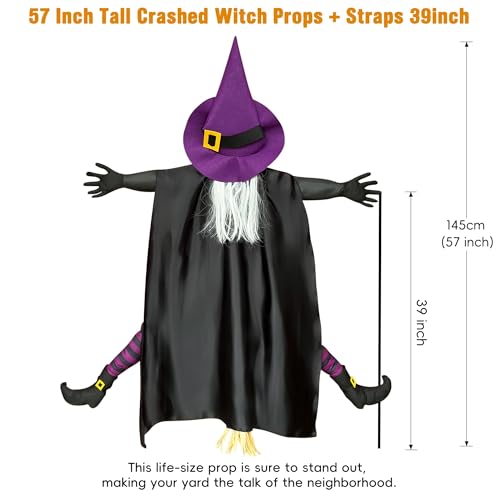 Giiffu 57'' Crashing Witch into Tree Halloween Decorations Outdoor for Yard, Porch, Door, Haunted House Prop - Flying Witch Halloween Tree Decorations - Image 2