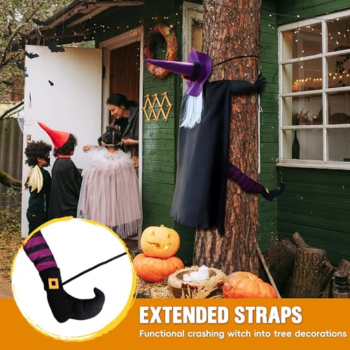 Giiffu 57'' Crashing Witch into Tree Halloween Decorations Outdoor for Yard, Porch, Door, Haunted House Prop - Flying Witch Halloween Tree Decorations - Image 5